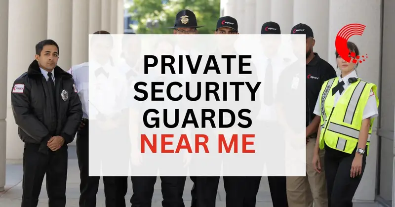 Group of professional private security guards standing in uniform with the text “Private Security Guards Near Me” overlayed—highlighting local security service availability.
