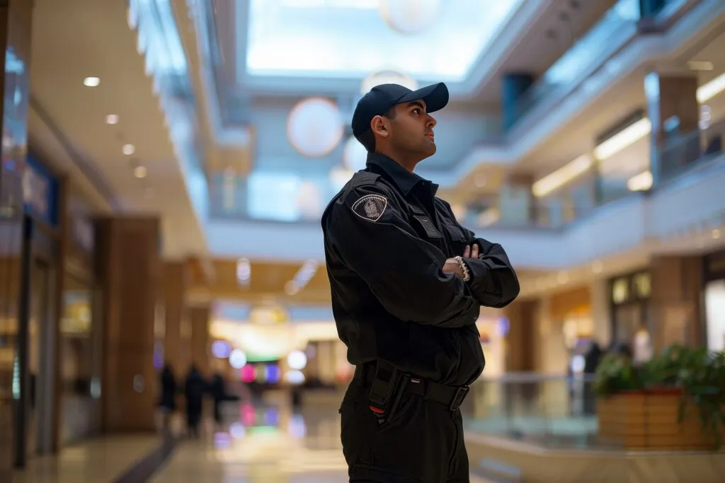 Security guard standing near a retail store entrance during business hours