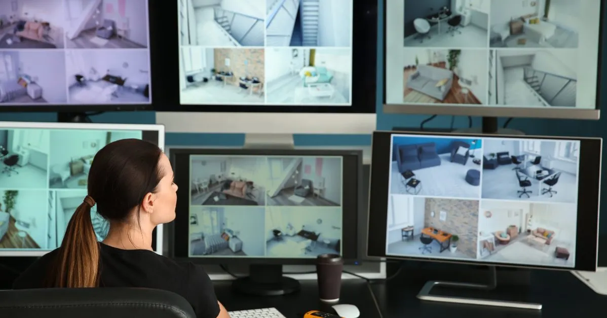 (security guard viewing security footage)