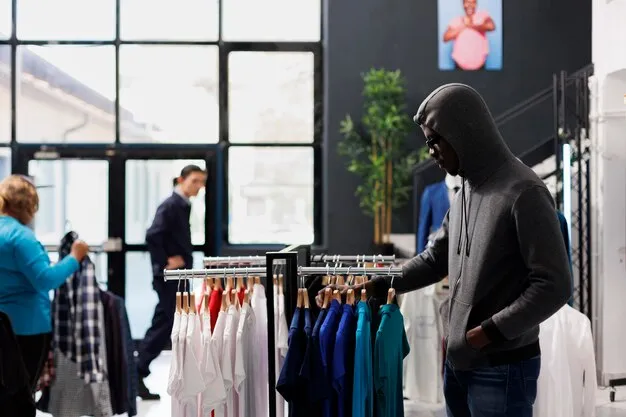 (suspicious man looking at clothes in a store)