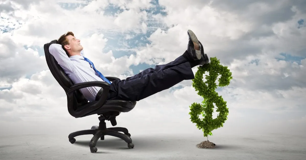 (Person kicking his feet up on a plant shaped like a dollar sign)