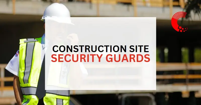 A construction site security guard in uniform and hard hat communicates via radio, emphasizing safety and protection at active building sites