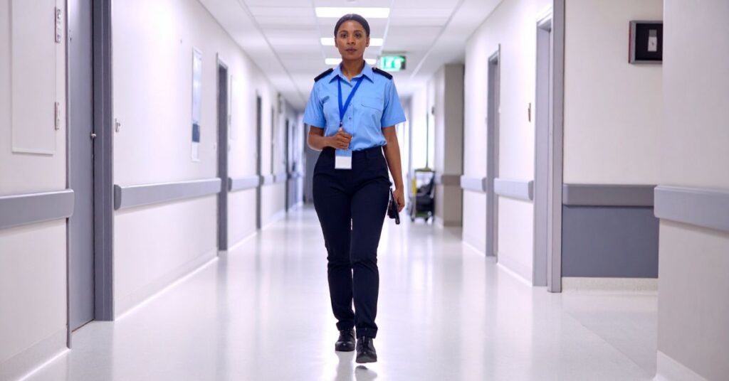 Hospital security guard walking hallway ensuring patient and staff safety