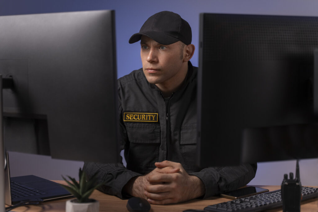 security guard checking a delivery truck at a warehouse gate entrance