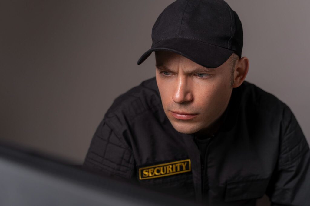 Unarmed security guard conducting a routine patrol inside a commercial building